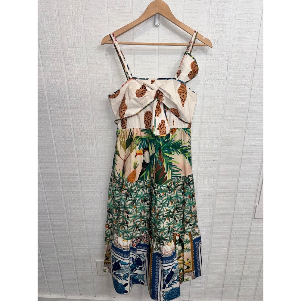 Farm Rio Midi Dress Womens Multicolor Tropical Patchwork Tie Front Small
